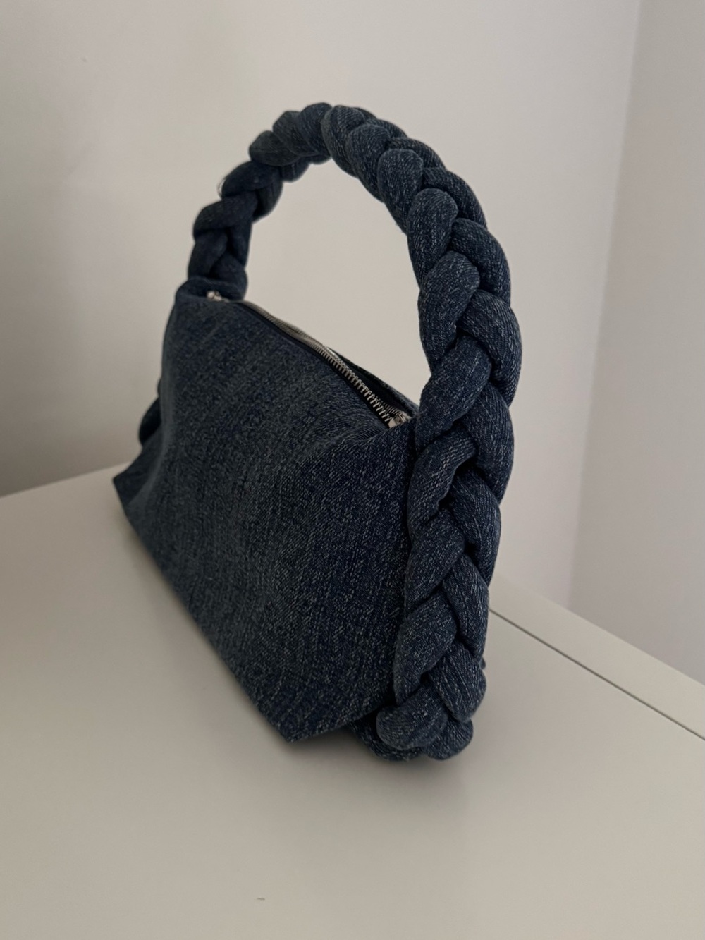 Braided Handle Dark Blue Denim Shoulder Bag